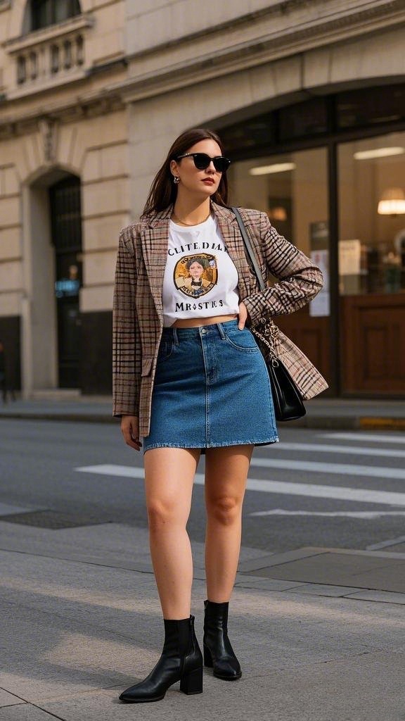 Urban Cool Plaid Blazer - Graphic Tee - Denim Skirt & Black Ankle Boots - Elevated Street Style