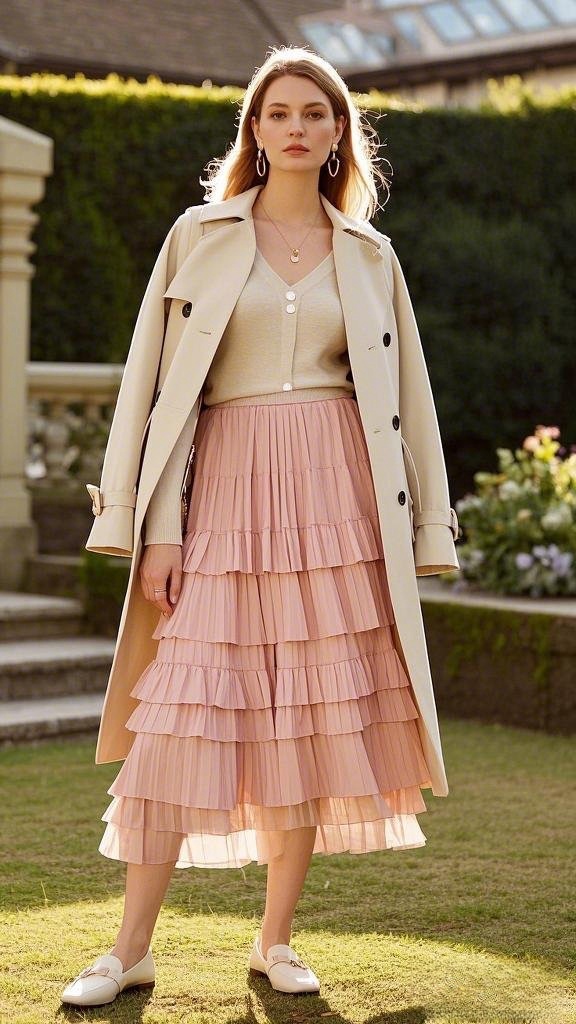 Romantic Elegance - Layered Ruffle Skirt - Soft Cardigan - Classic Trench Coat & Ballet Flats