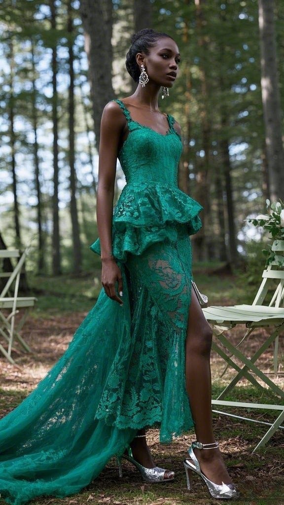 Emerald Lace Gown with Peplum Details and Silver Heels