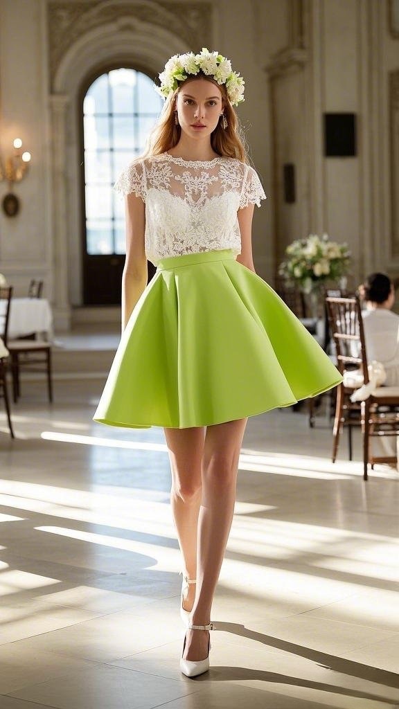 Lace Top with Flowy Green Skirt and Floral Crown