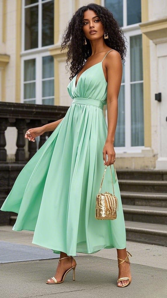 Flowy Spaghetti Strap Dress with Gold Accessories and Heels