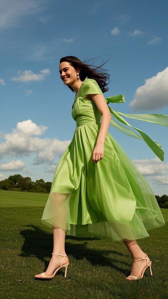 Flowing Tulle Midi Dress with Ribbon Tie and Strappy Nude Heels