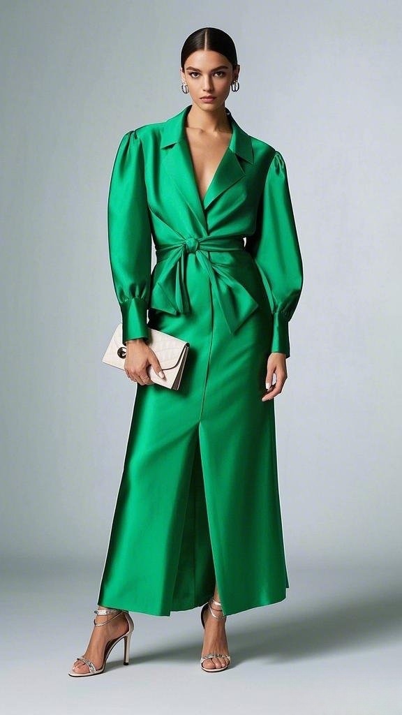 Satin Belted Blazer Dress with Puff Sleeves and Metallic Heels