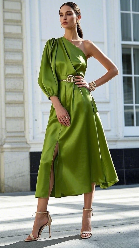 Asymmetrical Green Satin Midi Dress with Gold Accessories and Strappy Heels