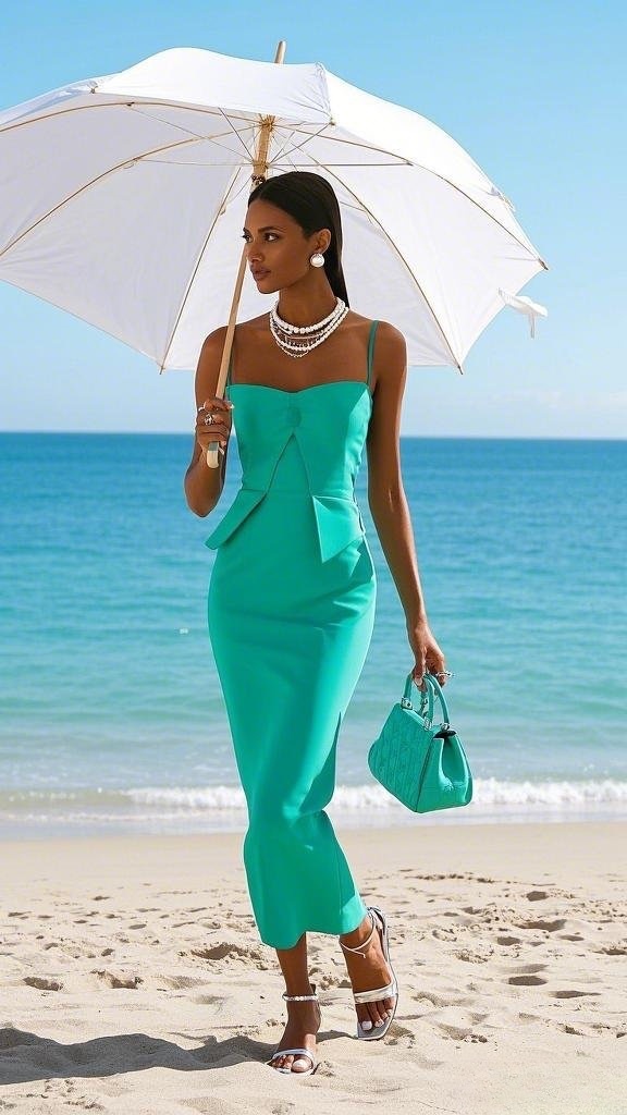 Chic Spaghetti Strap Peplum Midi Dress with Pearl Accessories and Strappy Sandals