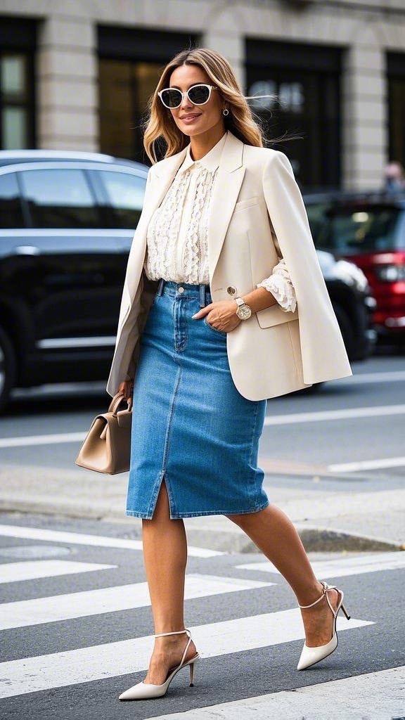 Elegant Power Dressing with a Denim Skirt