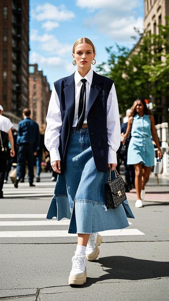 Modern Preppy Meets Street Style: The Elevated Denim Skirt Look