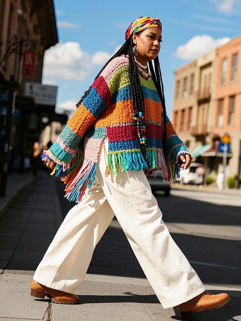 Boho Chic: Colorful Crochet Sweater, Wide-Leg Jeans & Suede Boots