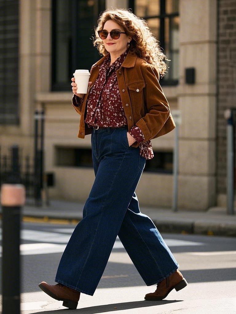 Retro Chic: Wide-Leg Jeans, Brown Ankle Boots & Corduroy Jacket