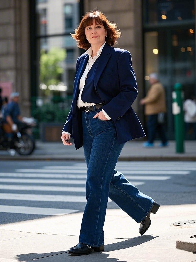 Power Dressing: Navy Blazer, Flared Jeans & Sleek Black Boots