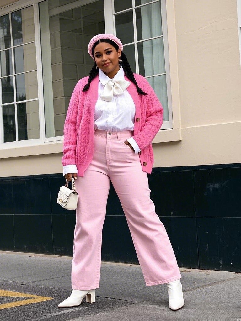 Chic & Feminine: Pink Wide-Leg Jeans, White Booties & Cozy Knit Cardigan