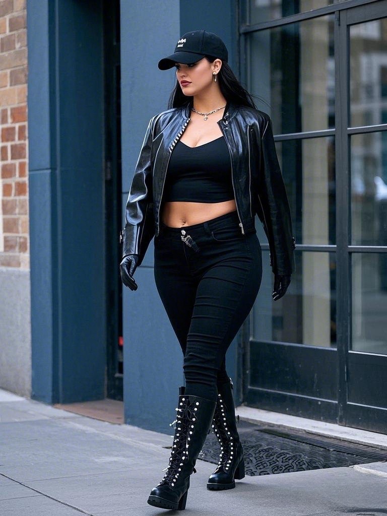 Edgy All-Black Look: Leather Jacket, Skinny Jeans & Lace-Up Combat Boots