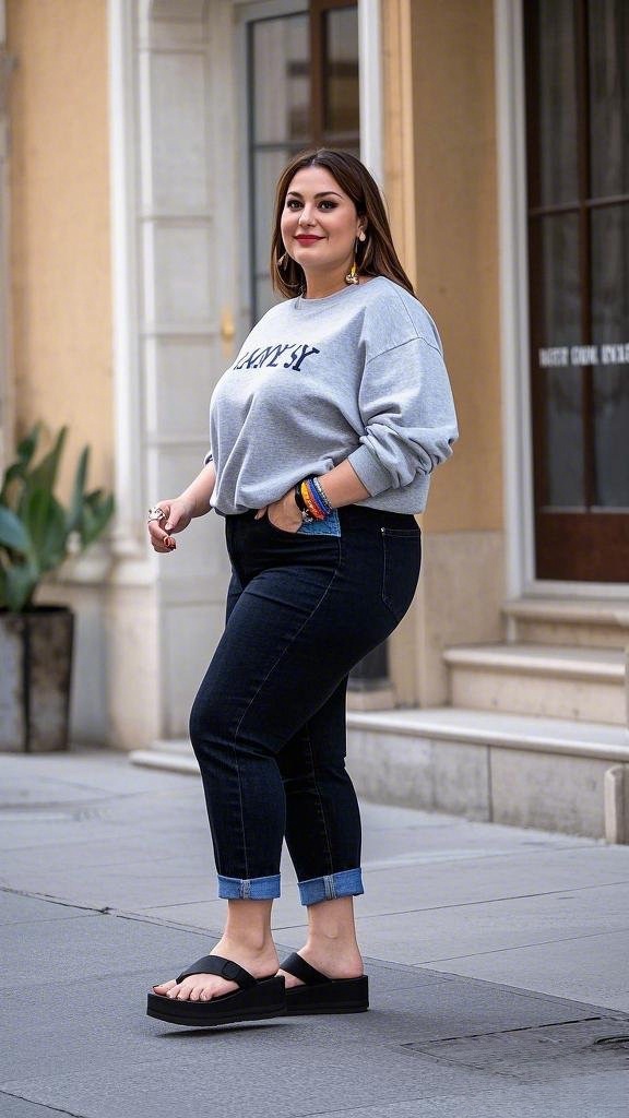 Cozy Chic: Oversized Sweatshirt & Cuffed Skinny Jeans with Platform Clogs