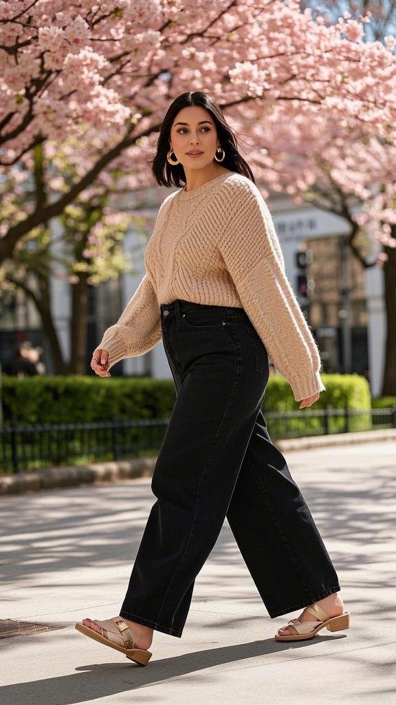 Cozy Elegance: Chunky Knit Sweater & Wide-Leg Jeans with Chic Clogs