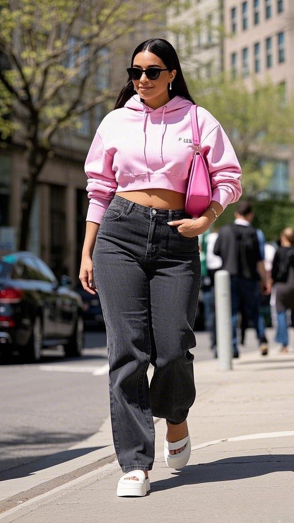 Sporty Chic: Cropped Hoodie & Wide-Leg Jeans with White Platform Clogs