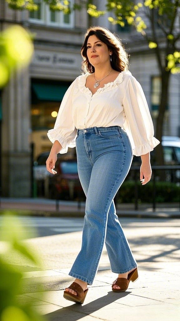 Romantic Boho: Ruffled Blouse & Flared Jeans with Suede Clogs