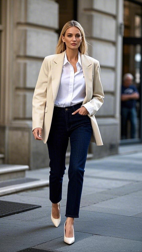 White Dress Shirt and Dark Blue High-Waisted Jeans