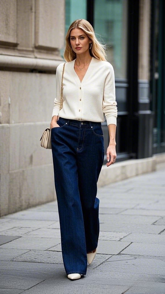 Cream-Colored V-Neck Cardigan with High-Waisted, Wide-Leg Dark Blue Jeans