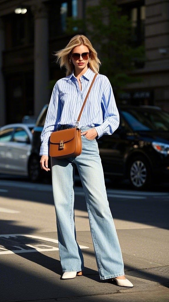 Light Blue Striped Long-Sleeved Button-Up Shirt with High-Waisted Flared Light Blue Jeans