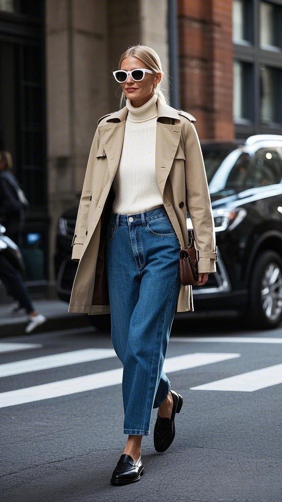 High-Waisted Blue Jeans with a White Turtleneck Sweater and a Beige Trench Coat