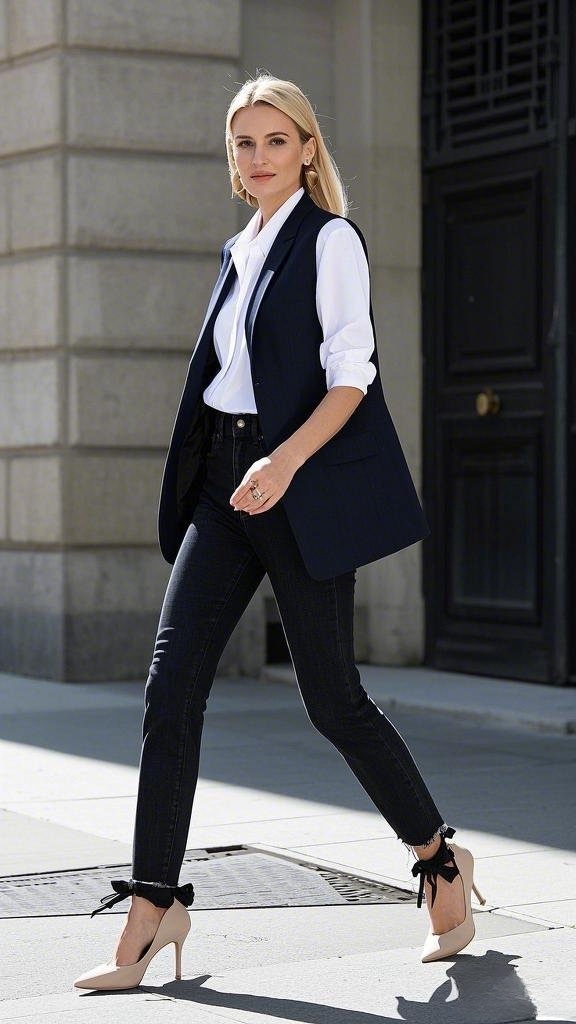 Crisp White Dress Shirt with a Navy Blue Sleeveless Blazer and Black Skinny Jeans