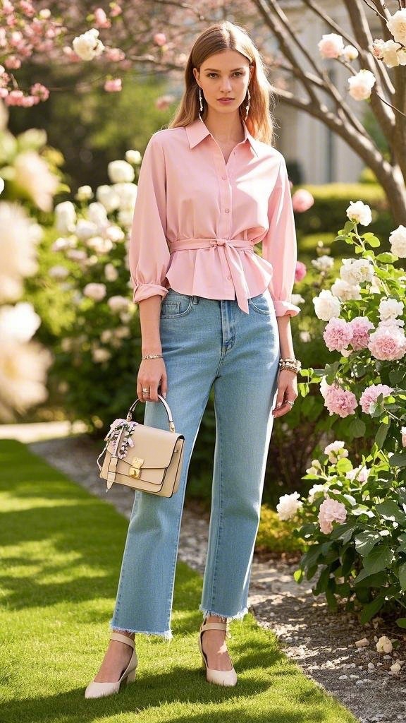 Light Pink, Long-Sleeved Shirt with a Tied Waist and High-Waisted, Light Blue Frayed-Hem Jeans