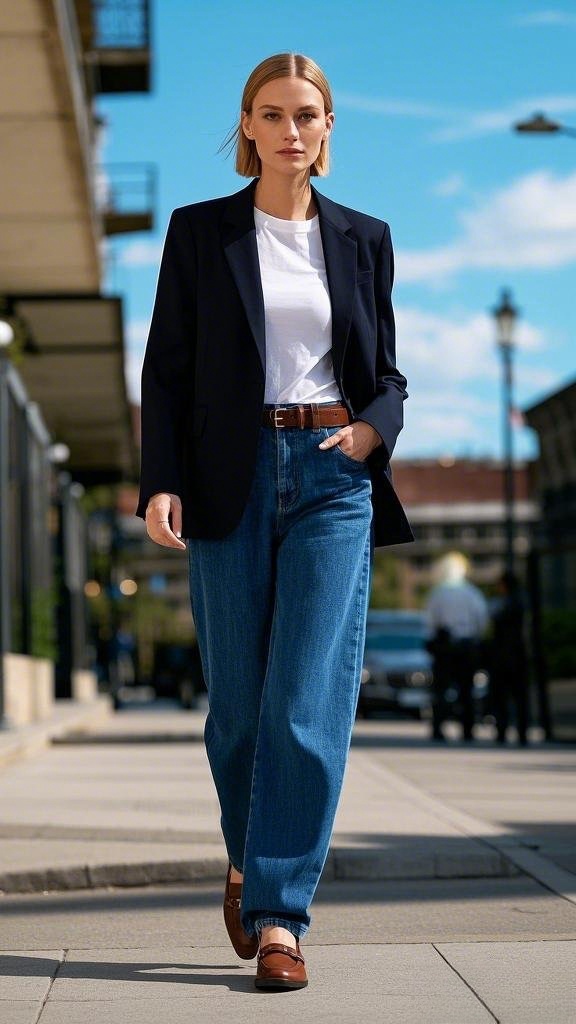 Classic Navy Blue Blazer over a Simple White T-Shirt and High-Waisted, Wide-Legged Blue Jeans