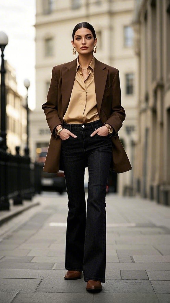Dark Brown Oversized Blazer over a Light Brown Silk Shirt and High-Waisted, Dark Blue Flared Jeans