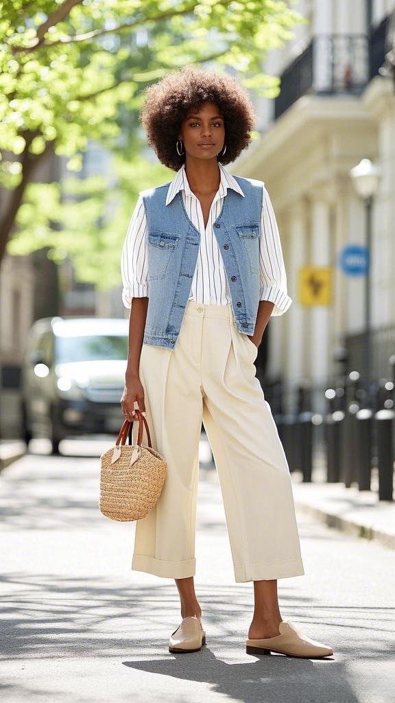 Light Blue Denim Vest over Striped Shirt