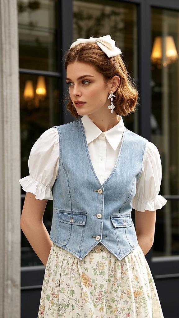 Light Blue Denim Vest with White Blouse and Floral Skirt