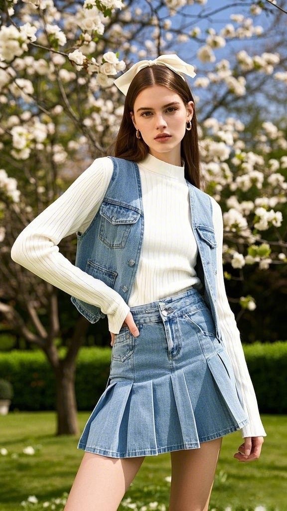 Light-Blue Denim Vest with White Ribbed Turtleneck and Denim Mini Skirt