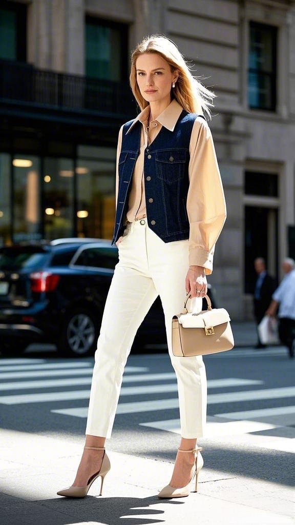 Dark Denim Vest with Light Beige Blouse and White Cropped Trousers