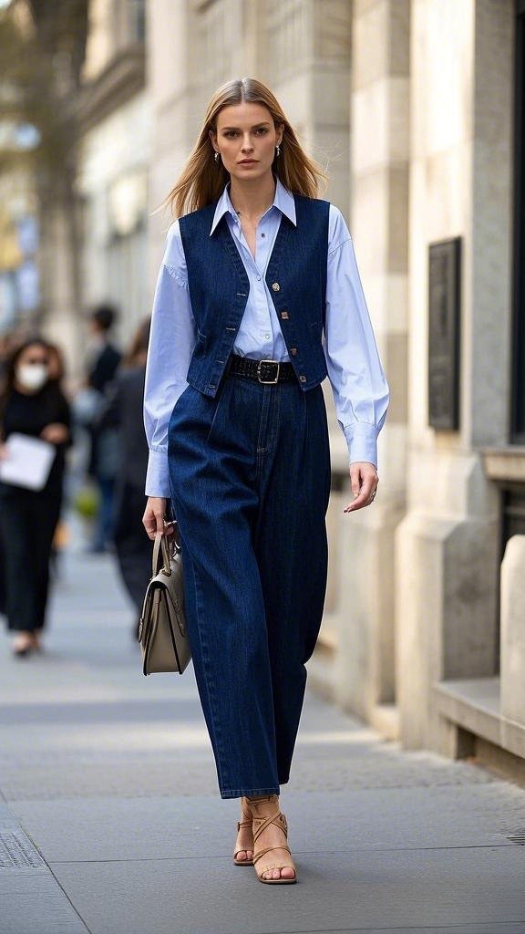 Dark Denim Vest with Light Blue Long-Sleeved Shirt and Wide-Legged Denim Trousers