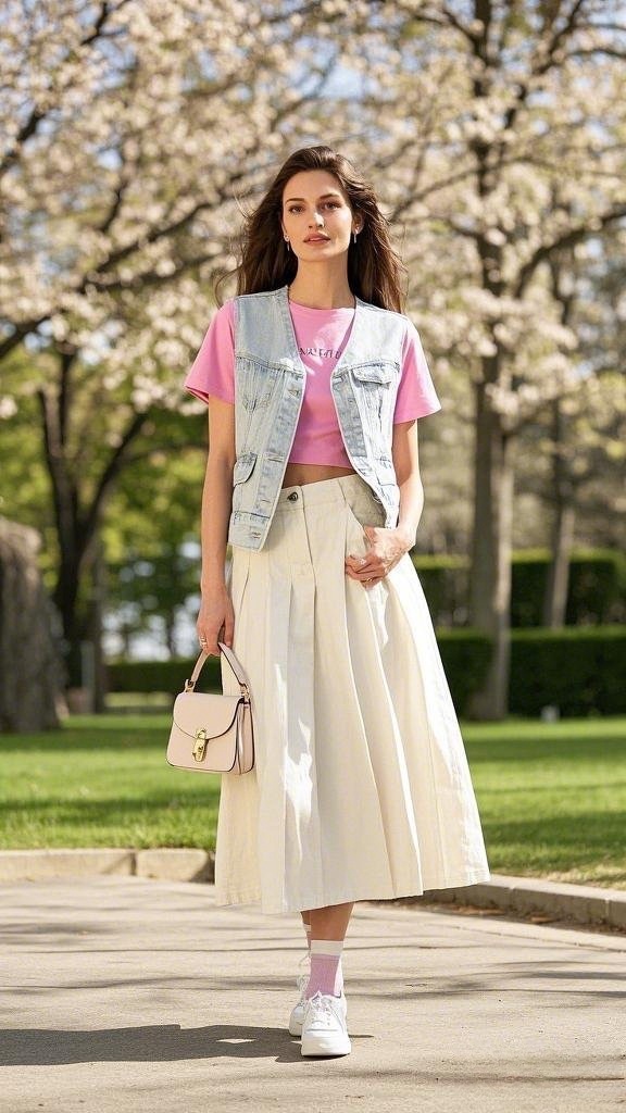 Light Blue Denim Vest with Light Pink Cropped T-Shirt and Cream-Colored Skirt