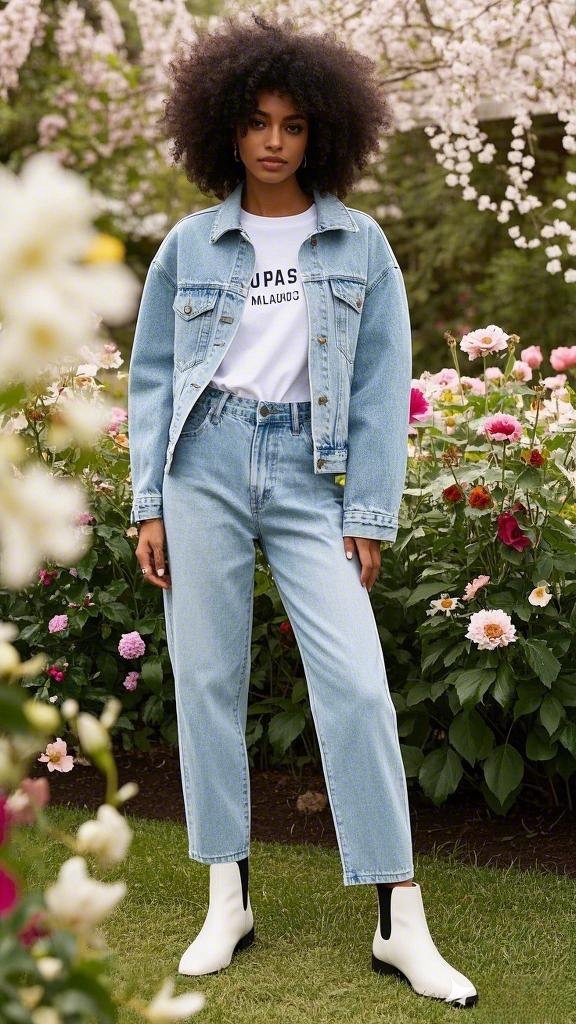 Double Denim Flair - Light-Wash Denim Jacket - High-Waisted Jeans - White Graphic Tee - White Ankle Boots