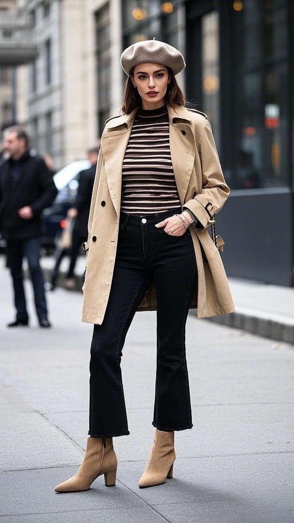 Parisian Trench Vibe - Beige Trench Coat - Striped Turtleneck - Cropped Black Flares - Tan Ankle Boots - Beret