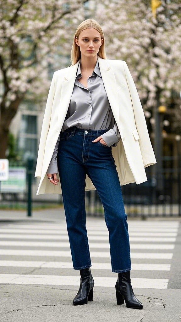 Crisp Blazer Edge - Structured White Blazer - Silky Gray Blouse - Straight-Leg Dark Denim, Black Heeled Boots