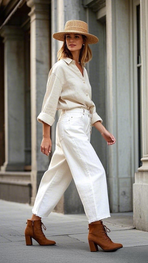 Earthy Linen Charm - Neutral Linen Button-Up, Wide-Leg White Jeans, Straw Hat, Lace-Up Brown Boots