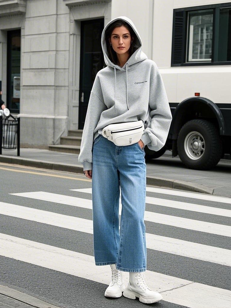 Street-Style Cozy - Oversized Gray Hoodie - Wide-Leg Blue Jeans - Chunky White Boots - White Belt Bag