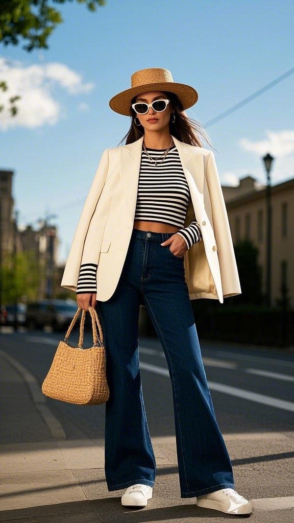 Chic and Relaxed: Bootcut Jeans with Sneakers and a Blazer