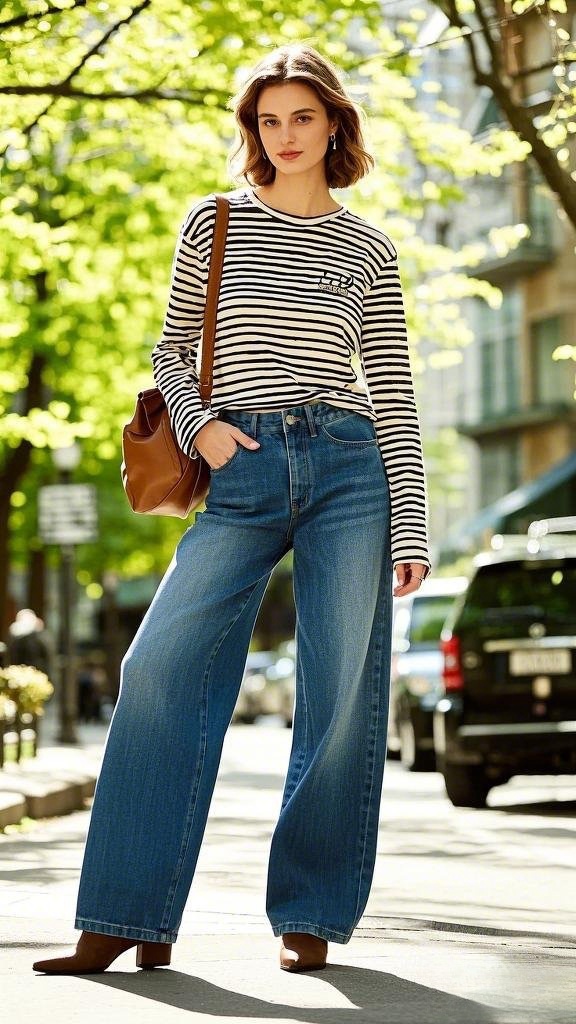 Classic Stripes Ease - Black-and-White Striped Tee - Wide-Leg Denim - Brown Boots - Brown Shoulder Bag
