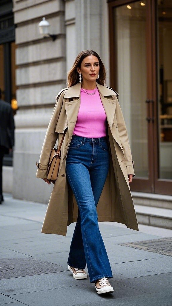 Elegant Contrast: Bootcut Jeans with Sneakers and a Trench Coat
