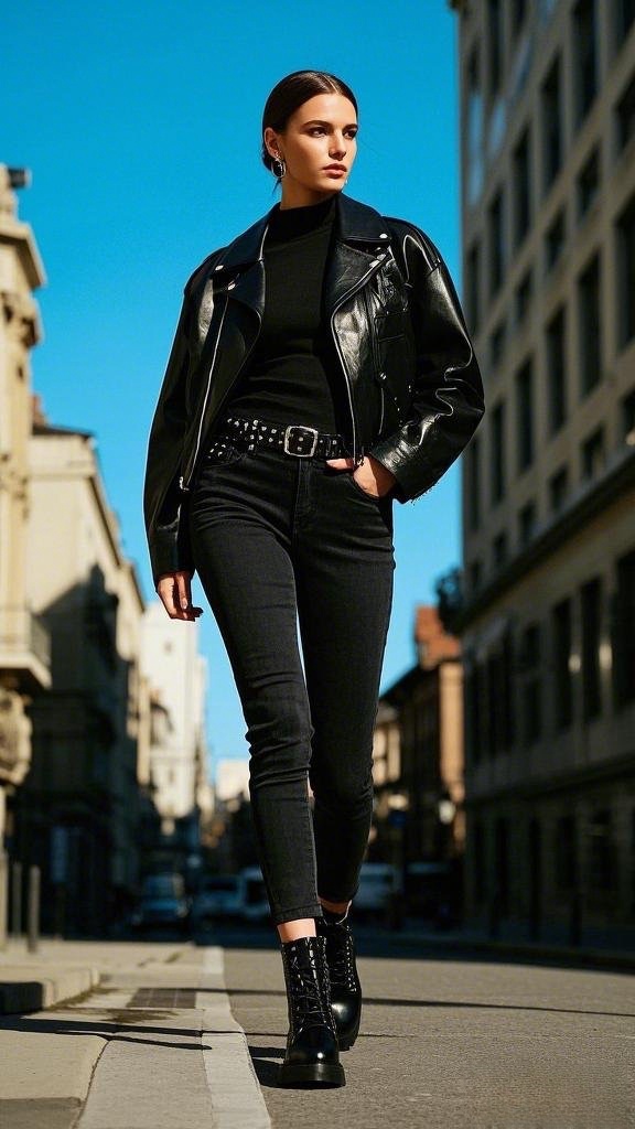 All-Black Edge - Black Leather Jacket - Black Turtleneck - Black Skinny Jeans - Studded Belt - Black Lace-Up Boots