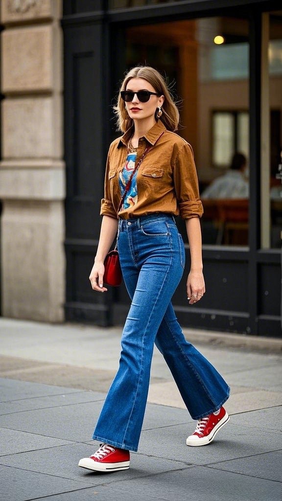 Retro Cool: Bootcut Jeans with Red Sneakers