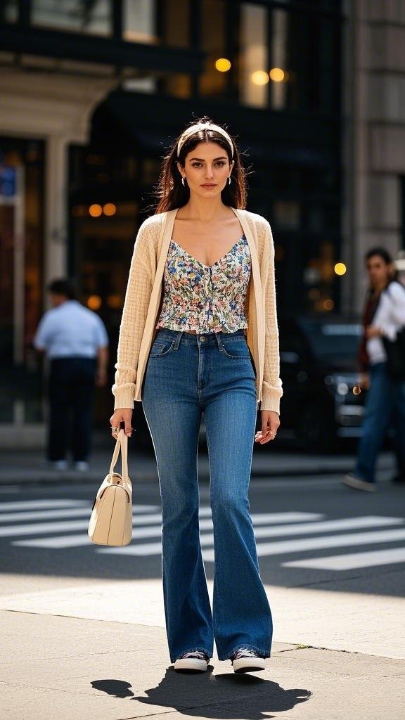 Casual Feminine Charm: Bootcut Jeans with Sneakers