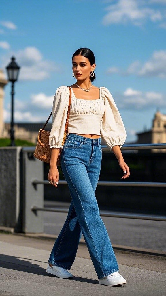 A woman wearing a cream - colored puff - sleeved crop top with a square neckline and ruched detailing, high - waisted flared blue jeans, white sneakers, a woven shoulder bag, and statement earrings in spring