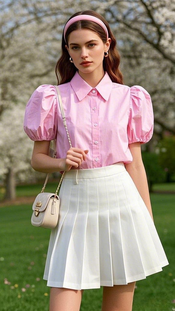 A woman wearing a light pink short - sleeved blouse with a pointed collar and puff sleeves, tucked into a high - waisted white pleated mini - skirt, along with a light beige shoulder bag, a matching headband, and delicate earrings in spring