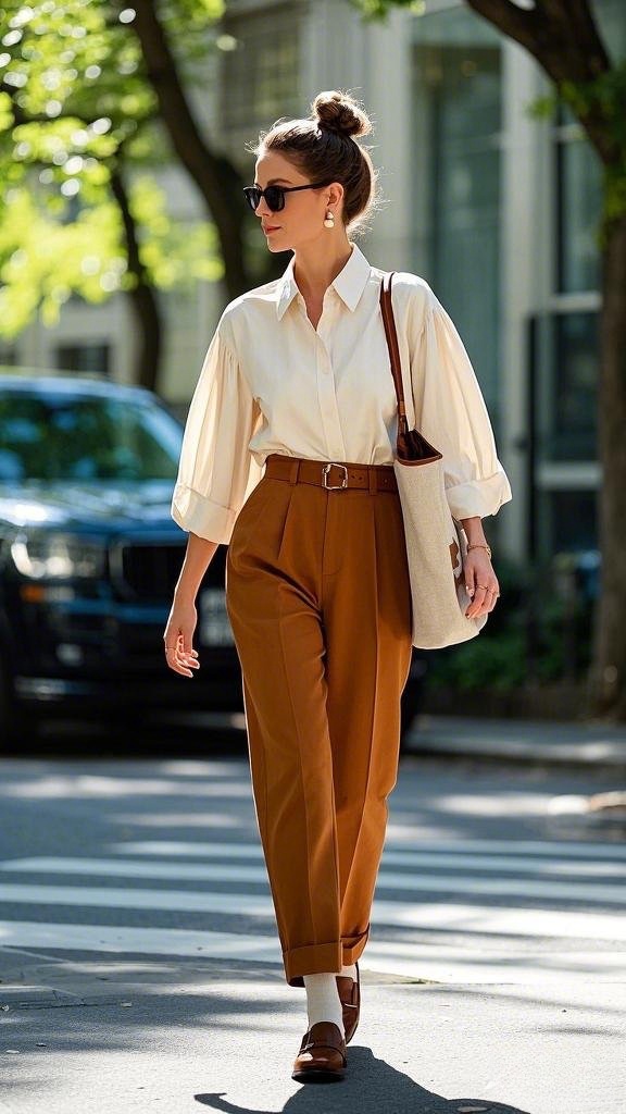 A woman wearing a light beige puff - sleeved blouse with high - waisted, wide - legged brown trousers belted at the waist, dark sunglasses, dangling earrings, a brown shoulder bag, a bun, brown loafers, and white socks in spring