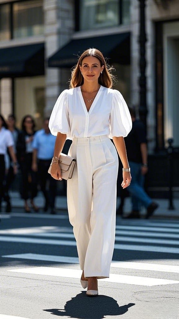 A woman wearing a white puff - sleeve V - neck blouse with high - waisted wide - legged trousers, nude pointed - toe heels, a matching clutch, a delicate necklace, and bracelets in spring for a stylish event
