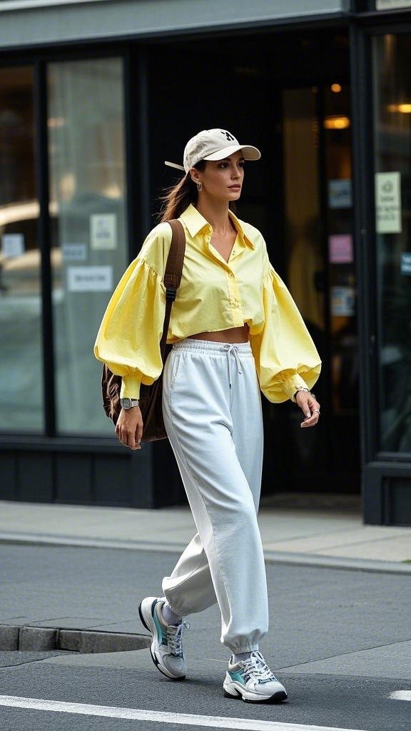 A woman wearing a bright yellow cropped puff - sleeve blouse, light grey sweatpants, a beige baseball cap, a brown shoulder bag, and chunky grey - teal sneakers in spring